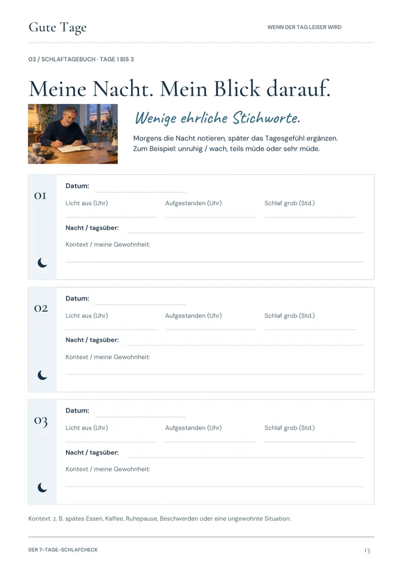 Echte Seite aus dem Schlafcheck: Schlaftagebuch zum Ausfüllen