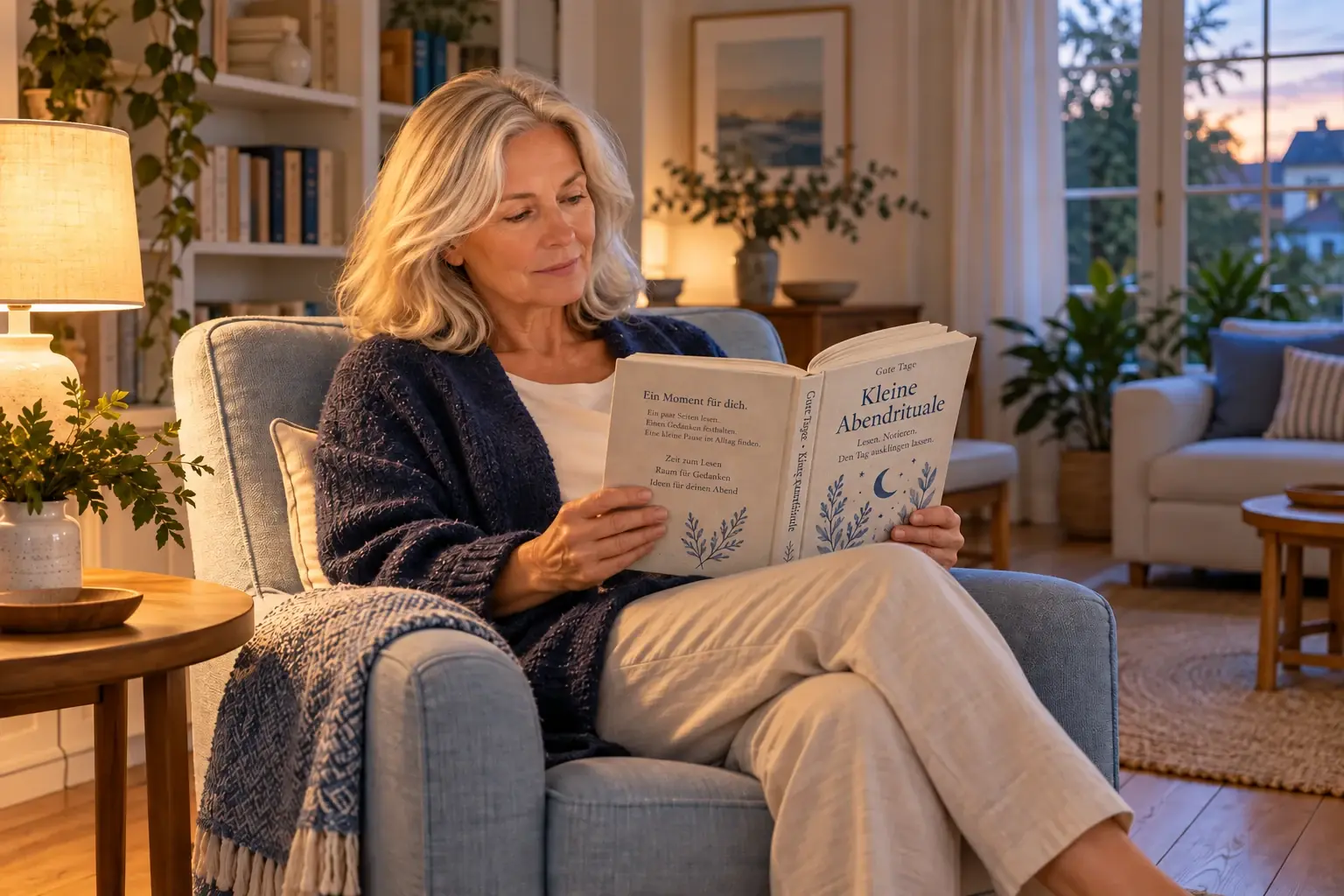 Eine Frau liest Kleine Abendrituale, ein Buch mit gestaltetem Einband und botanischer Illustration