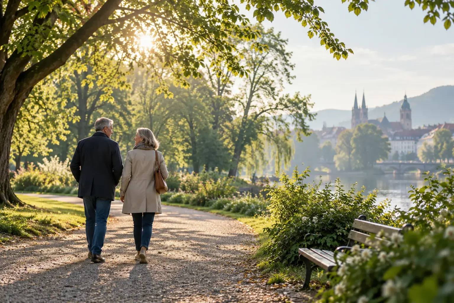 Zwei Menschen spazieren bei sanftem Tageslicht durch einen Park