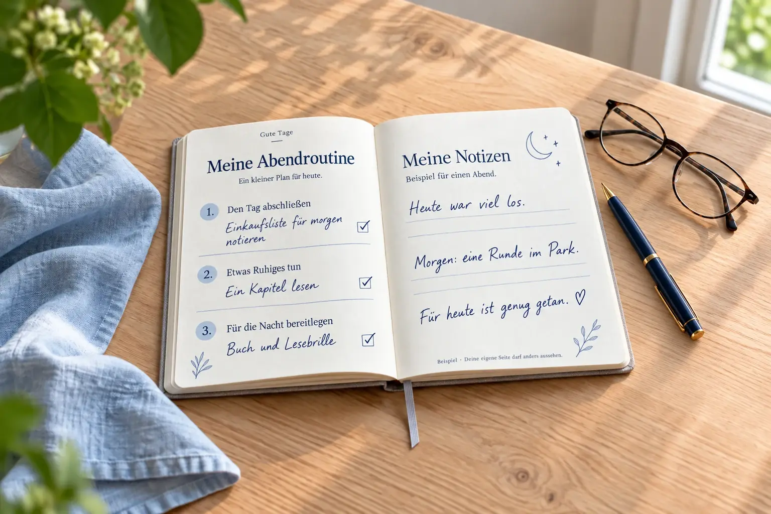 Gestaltetes Notizbuch mit Beispiel-Einträgen: Einkaufsliste notieren, ein Kapitel lesen, Buch und Lesebrille bereitlegen