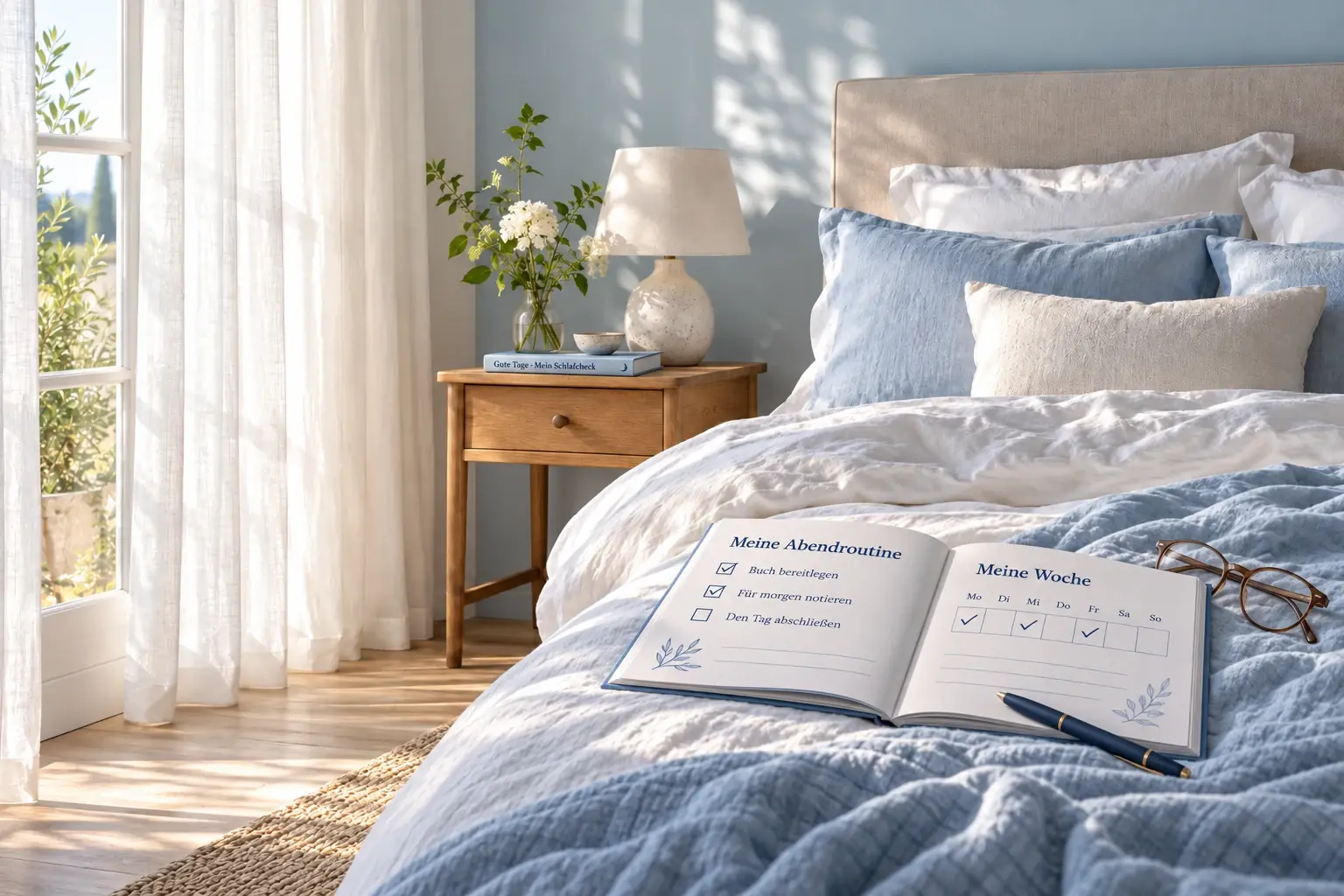 Helles Schlafzimmer mit natürlichen Stoffen und sanftem Morgenlicht